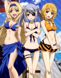 Rule 34 | 10s, 3girls, :d, absurdres, arm up, bare shoulders, bikini, bikini skirt, blonde hair, blue bikini, blue eyes, blush, bracelet, braid, breast hold, breasts, cecilia alcott, charlotte dunois, cleavage, covering breasts, covering privates, duplicate, embarrassed, eyepatch, front-tie top, groin, hairband, hashimoto takayoshi, highres, infinite stratos, jewelry, laura bodewig, lips, long hair, long legs, multiple girls, navel, official art, open mouth, pendant, purple eyes, red eyes, sarong, scan, side-tie bikini bottom, silver hair, smile, striped clothes, striped sarong, swimsuit, thigh gap, thigh strap, twintails