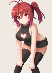 Rule 34 | 1girl, antenna hair, backless dress, backless outfit, bare arms, bare shoulders, black sweater, black thighhighs, blush, breasts, brown background, cleavage, cleavage cutout, closed mouth, clothing cutout, commentary, dress, english commentary, hair between eyes, heart cutout, highres, kazenokaze, large breasts, leaning forward, meme attire, original, red eyes, red hair, ribbed sweater, side ponytail, sidelocks, sleeveless, sleeveless sweater, sleeveless turtleneck, smile, solo, sweater, sweater dress, thighhighs, turtleneck, turtleneck sweater, virgin killer sweater