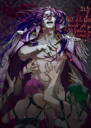 Rule 34 | 1boy, 5girls, abs, absurdres, aqua nails, artist name, back, bare pectorals, bare shoulders, blood, blood on hands, blood writing, collarbone, contract, curly hair, dianaiiz, dripping, epaulettes, evillious nendaiki, fingernails, fringe trim, green hair, green nails, gumi, gumina glassred, hair down, hands on another&#039;s chest, hands on another&#039;s stomach, hands on another&#039;s waist, hatsune miku, highres, jacket, jacket on shoulders, latin text, leaning on person, long hair, looking up, loose clothes, lukana octo, megurine luka, meiko (vocaloid), messy hair, mikulia calgaround, multiple girls, muscular, nail polish, open clothes, open mouth, outstretched arm, outstretched arms, outstretched hand, pectorals, pink hair, pouncing, purple hair, purple jacket, red nails, rolling eyes, sateriasis venomania, sharp fingernails, shoulder blades, strap slip, toned, toned male, venomania kou no kyouki (vocaloid), vocaloid, yellow nails
