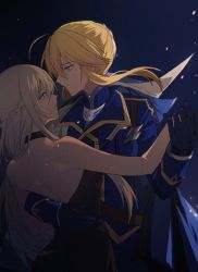 Rule 34 | 2girls, ahoge, arm around waist, artoria pendragon (fate), artoria pendragon (lancer) (fate), bad id, bad twitter id, bare shoulders, blonde hair, blue gloves, braid, choker, cowboy shot, dancing, dress, eye contact, fate/grand order, fate (series), french braid, gloves, green eyes, grey hair, highres, incest, looking at another, morgan le fay (fate), multiple girls, siblings, sisters, strapless, strapless dress, yorukun, yuri