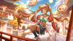 Rule 34 | 1girl, absurdres, arrrrrry1, asymmetrical legwear, blue sky, blush, boots, breasts, brown hair, building, chinese clothes, cloud, day, double bun, dress, fang, floating hair, full body, green eyes, hair bun, hair ornament, highres, jewelry, juliet sleeves, lantern, long hair, long sleeves, looking at viewer, medium breasts, mitsudomoe (shape), multicolored clothes, multicolored dress, open mouth, original, outdoors, outstretched hand, paper lantern, puffy sleeves, shoes, skin fang, sky, smile, solo, thigh strap, tomoe (symbol), twintails, v, white footwear, wide sleeves