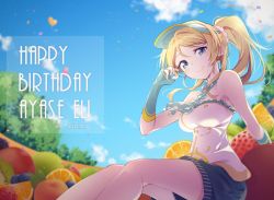 Rule 34 | 1girl, aqua gloves, aqua necktie, artist name, artist request, asymmetrical gloves, ayase eli, bare legs, bare shoulders, black pants, black shorts, blonde hair, blue eyes, blue sky, blush, breasts, cleavage, cloud, collarbone, dated, day, dress, elbow gloves, english text, female focus, fingerless gloves, floating hair, food, food print, frilled dress, frills, fruit, gloves, grapes, hair between eyes, hair ornament, hair scrunchie, high ponytail, long hair, looking at viewer, love live!, love live! school idol festival, love live! school idol project, medium breasts, mismatched gloves, necktie, orange (fruit), orange print, orange slice, outdoors, pants, parted lips, peach, polka dot necktie, polka dot neckwear, ponytail, scrunchie, short hair, short shorts, shorts, sitting, sky, smile, solo, strawberry, visor cap, white dress, white scrunchie, yellow gloves
