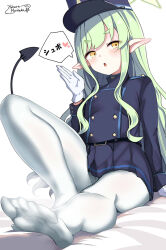 Rule 34 | 1girl, belt, black belt, black hat, black jacket, black skirt, black tail, blue archive, blush, buttons, demon tail, double-breasted, green hair, green halo, halo, hat, hikari (blue archive), himura moritaka, jacket, long hair, long sleeves, open mouth, pantyhose, peaked cap, pleated skirt, pointy ears, revision, sidelocks, signature, simple background, skirt, solo, tail, white background, white pantyhose, yellow eyes