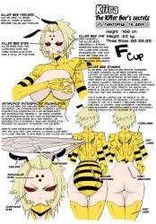 Rule 34 | 10s, 1girl, arthropod girl, ass, bee girl, blonde hair, blush, breasts, character design, character sheet, compound eyes, concept art, extra arms, eyebrows, female focus, insect girl, kiira (monster musume), monster girl, monster musume no iru nichijou, okayado, red eyes, solo, thigh gap, white background