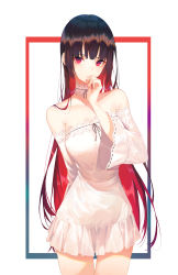 Rule 34 | 1girl, arm behind back, bare shoulders, black hair, breasts, choker, collarbone, colored inner hair, commentary request, detached sleeves, dress, hand to own mouth, head tilt, highres, large breasts, long hair, looking at viewer, multicolored hair, original, outside border, parted lips, peulopi, red eyes, red hair, sidelocks, simple background, smile, solo, strapless, strapless dress, thighs, two-tone hair, wide sleeves