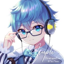 Rule 34 | 1boy, artist name, blue bow, blue eyes, blue hair, bow, commentary request, fate/grand order, fate (series), frown, glasses, hair between eyes, hans christian andersen (fate), headphones, holding, long sleeves, looking at viewer, male focus, nabekokoa, sample watermark, shirt, short hair, simple background, solo, striped clothes, striped shirt, upper body, watermark, white background