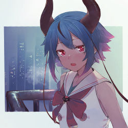 Rule 34 | 1girl, :o, bare shoulders, black hair, blue hair, bow, breath, cityscape, gradient hair, highres, hiiragi mikoto, horns, looking at viewer, meika mikoto, multicolored hair, open mouth, outside border, pink eyes, pink hair, railing, red bow, red neckwear, sailor collar, shirt, short hair, sleeveless, sleeveless shirt, solo, streaked hair, upper body, vocaloid, voiceroid, white sailor collar, white shirt