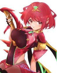 1girl aegis_sword_(xenoblade) artist_name backless_outfit bob_cut breasts cherubi_nbo chest_jewel core_crystal_(xenoblade) earrings fingerless_gloves floating_earring gem gloves highres impossible_clothes jewelry large_breasts nintendo pantyhose pantyhose_under_shorts pyra_(xenoblade) red_eyes red_hair red_shorts short_hair shorts solo super_smash_bros. swept_bangs thighhighs thighhighs_over_pantyhose tiara twitter_username xenoblade_chronicles_(series) xenoblade_chronicles_2