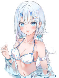 Rule 34 | 1girl, absurdres, auui, bare shoulders, bikini, blue eyes, blue flower, blush, breasts, cleavage, collarbone, commentary request, fang, flower, grey nails, hair between eyes, hair flower, hair ornament, hand up, highres, horns, long sleeves, looking at viewer, low twintails, medium breasts, nail polish, oni, oni horns, open mouth, original, pointy ears, puffy long sleeves, puffy sleeves, silver hair, simple background, solo, swimsuit, twintails, upper body, white background, white bikini, white flower