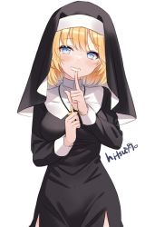 Rule 34 | 1girl, alternate costume, black dress, blonde hair, blue eyes, blush, breasts, commentary, cross, cross necklace, dress, english commentary, finger to mouth, grin, habit, hands up, highres, hitsukuya, hololive, hololive english, index finger raised, jewelry, latin cross, long sleeves, looking at viewer, medium breasts, necklace, nun, short hair, shushing, signature, simple background, smile, solo, veil, virtual youtuber, watson amelia, white background