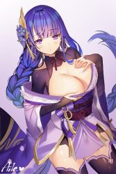 Rule 34 | 1girl, aile (crossroads), blush, braid, breasts, bridal gauntlets, cleavage, flower, genshin impact, hair ornament, highres, holding, japanese clothes, kimono, large breasts, long hair, looking at viewer, obi, purple eyes, purple flower, purple hair, raiden shogun, sash, solo, tassel, thighhighs