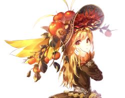 Rule 34 | 1girl, apple, autumn, autumn leaves, belt, black dress, black headwear, blonde hair, blush, chestnut, commentary request, dress, food, from side, fruit, hair ornament, hand on own cheek, hand on own face, hand up, hat ornament, highres, leaf, leaf hair ornament, leaf trim, long hair, long sleeves, looking at viewer, looking to the side, original, persimmon, simple background, solo, tomato, upper body, user kgck7432, white background, yellow eyes