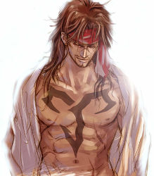 Rule 34 | 00s, 1boy, abs, arisue kanako, bad id, bad pixiv id, bandana, beard, blouse, brown hair, chest tattoo, closed eyes, facial hair, final fantasy, final fantasy x, headband, jecht, lowres, male focus, manly, muscular, open clothes, open shirt, scar, shirt, solo, tattoo, topless male