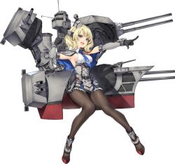 Rule 34 | 1girl, armpits, black pantyhose, blonde hair, blue dress, blue eyes, breasts, cannon, capelet, colorado (kancolle), dress, full body, kantai collection, machinery, necktie, official art, open mouth, pantyhose, parsley-f, pointing, pointing finger, short hair, sideboob, source request, turret