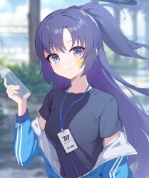 Rule 34 | 1girl, black shirt, blue archive, blue jacket, blush, bottle, breasts, closed mouth, facial mark, highres, holding, holding bottle, id card, jacket, lanyard, long hair, long sleeves, looking at viewer, medium breasts, official alternate costume, official alternate hairstyle, ponytail, purple eyes, purple hair, shirt, short sleeves, smile, solo, star (symbol), track jacket, upper body, water bottle, yuuka (blue archive), yuuka (track) (blue archive), zhnyy3