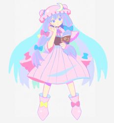 Rule 34 | 1girl, blue bow, blush, book, bow, crescent, denaseey, dress, frilled hat, frills, full body, hat, hexagram, highres, long hair, long sleeves, looking at viewer, open book, patchouli knowledge, pink dress, pink footwear, pink hat, purple eyes, purple hair, red bow, shoes, simple background, solo, standing, star of david, touhou, twintails, very long hair, white background, yellow bow