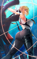 1girl akinaie ass back bare_shoulders black_gloves black_jacket black_pants blonde_hair blush breasts chest_harness choker collared_shirt earrings elbow_gloves evelyn_chevalier gloves hair_ornament harness high-waist_pants highres jacket jewelry large_breasts looking_at_viewer looking_back medium_hair mole mole_under_eye necktie pants purple_eyes revision shirt sleeveless sleeveless_shirt solo thighs thread tight_clothes tight_pants unworn_jacket white_shirt zenless_zone_zero