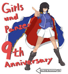 Rule 34 | 1girl, absurdres, andou (girls und panzer), anniversary, arrow (symbol), bc freedom military uniform, black eyes, black footwear, black hair, blue cape, blue jacket, blue vest, boots, cape, commentary request, copyright name, dark-skinned female, dark skin, dress shirt, english text, french commentary, girls und panzer, grin, hand on own hip, high collar, highres, jacket, jojo no kimyou na bouken, knee boots, long sleeves, looking at viewer, medium hair, messy hair, military, military uniform, miniskirt, mixed-language commentary, partial commentary, pleated skirt, pointing, pointing at viewer, red cape, shibainutank, shirt, simple background, skirt, smile, solo, standing, to be continued, two-sided cape, two-sided fabric, uniform, vest, white background, white shirt, white skirt