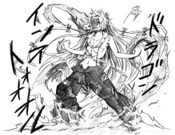 Rule 34 | 1girl, angry, clenched hand, clenched hands, female focus, fire, fujiwara no mokou, graphite (medium), greyscale, guilty gear, long hair, monochrome, navel, pants, parody, screaming, sol badguy, solo, tori317, tori (hiyoko bazooka), torn clothes, touhou, traditional media