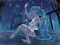 Rule 34 | 1girl, anklet, aqua eyes, aqua hair, arm tattoo, arm up, armpits, barefoot, beek, blurry, cable, city lights, cityscape, depth of field, entangled, feet, hatsune miku, jewelry, legs, long hair, miniskirt, night, open mouth, railing, sitting, skirt, sky, snow, snowing, soles, solo, star (sky), starry night, starry sky, tattoo, toenails, toes, twintails, unfragment (vocaloid), very long hair, vocaloid