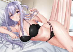 Rule 34 | 1girl, absurdres, bed, bed sheet, bedroom, black bra, black panties, blush, bow, bow bra, bow panties, bra, breasts, cleavage, crescent, crescent hair ornament, crossed legs, hair between eyes, hair ornament, hand in own hair, highres, jewelry, large breasts, light purple hair, long hair, looking at viewer, lying, lying on sheet, multicolored clothes, multicolored panties, navel, on bed, on side, original, panties, pink curtains, pink panties, purple eyes, rynn (darknescorez), side ahoge, smile, solo, stomach, thighs, underwear, underwear only, white sheet, window