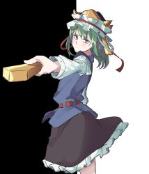 Rule 34 | 1girl, black background, black skirt, blue vest, closed mouth, commentary, frilled hat, frilled skirt, frills, green eyes, green hair, hat, highres, holding, kanaria (bocmn), long sleeves, looking at viewer, one-hour drawing challenge, rod of remorse, shiki eiki, short hair, skirt, solo, touhou, two-tone background, vest, white background