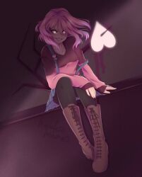 Rule 34 | bete noire, blue skirt, boots, glitchtale, pink eyes, pink hair, short hair, sitting, skirt, smile, bad tag