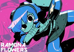 Rule 34 | 1girl, bag, black eyes, blue hair, character name, closed mouth, commentary, english commentary, goggles, goggles on head, hammer, highres, holding, holding hammer, holding weapon, jacket, looking at viewer, pantyhose, projected inset, ramona flowers, rariatto (ganguri), scott pilgrim (series), short hair, skirt, solo, war hammer, weapon