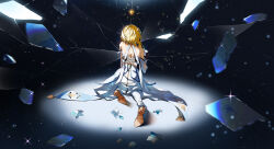 Rule 34 | 1girl, backless dress, backless outfit, bare shoulders, blonde hair, boots, dark background, detached sleeves, dress, feather hair ornament, feathers, flower, from behind, genshin impact, glass shards, hair flower, hair ornament, highres, light particles, lily (flower), lumine (genshin impact), scarf, shattered, short hair with long locks, sitting, solo, sparkle, spotlight, star (sky), star (symbol), thigh boots, white dress, white flower, white scarf, white sleeves, yaner 10