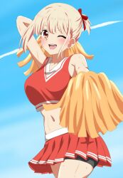 Rule 34 | 1girl, ;d, arm up, blonde hair, blush, bob cut, breasts, cheerleader, collarbone, commentary, cowboy shot, crop top, dars (recolors), hair ribbon, highres, holding, holding pom poms, large breasts, lycoris recoil, midriff, miniskirt, nishikigi chisato, one eye closed, open mouth, pleated skirt, pom pom (cheerleading), pom poms, red eyes, red ribbon, red skirt, ribbon, short hair, skirt, smile, solo, standing, teeth, upper teeth only