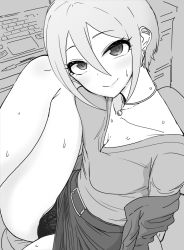 Rule 34 | 1girl, bare legs, breasts, cleavage, collarbone, computer, greyscale, hair between eyes, idolmaster, idolmaster cinderella girls, jacket, jacket partially removed, jewelry, lace, lace-trimmed panties, lace trim, laptop, leg up, looking at viewer, monochrome, necklace, nishino hikoji, on chair, panties, pantyshot, shiomi syuko, short hair, sitting, smile, solo, sweatdrop, underwear, upskirt