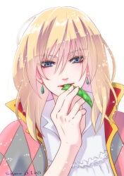 Rule 34 | 1boy, absurdres, artist name, blonde hair, blue eyes, collared shirt, dangle earrings, dated, earrings, eating, edamame, food, frilled shirt, frills, gold trim, hair between eyes, highres, holding, holding food, howl (howl no ugoku shiro), howl no ugoku shiro, jacket, jewelry, looking at viewer, male focus, medium hair, multicolored clothes, multicolored jacket, parted lips, shikiwo, shirt, solo, upper body, white background, white shirt