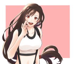 Rule 34 | 1girl, bare arms, bare shoulders, black hair, black sports bra, border, breasts, brown hair, collarbone, commentary request, crop top, earrings, final fantasy, final fantasy vii, final fantasy vii remake, hand up, jewelry, kt9 ct, large breasts, light blush, long hair, looking at viewer, low-tied long hair, midriff, open hand, open mouth, outside border, partial commentary, red eyes, single earring, smile, solo, sports bra, suspenders, swept bangs, tank top, teardrop earrings, teeth, tifa lockhart, upper body, upper teeth only, very long hair, white border, white tank top
