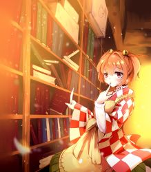 Rule 34 | 1girl, absurdres, animal print, apron, bad id, bad pixiv id, bell, book, bookshelf, cat print, checkered clothes, checkered kimono, eyebrows, feathers, finger to mouth, frills, hair bell, hair between eyes, hair ornament, highres, holding, holding book, japanese clothes, jingle bell, kimono, light particles, long sleeves, looking at viewer, motion blur, motoori kosuzu, orange hair, quill, red eyes, red ribbon, ribbon, small rabbit, solo, touhou, two side up, wide sleeves