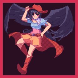 Rule 34 | 1girl, bandana, belt, black background, black hair, black wings, blue shirt, boots, border, brown belt, brown footwear, brown hat, closed mouth, commentary, cowboy boots, cowboy hat, english commentary, full body, hand on headwear, hand on own hip, hat, kurokoma saki, looking at viewer, lowres, multicolored shirt, orange skirt, pegasus wings, pink shirt, plaid, potemki11, red border, red eyes, shirt, short sleeves, simple background, skirt, smile, solo, touhou, white bandana, wings