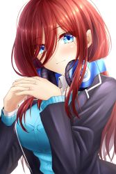 Rule 34 | 1girl, blazer, blue eyes, breasts, brown hair, cardigan, closed mouth, collared shirt, fingers together, go-toubun no hanayome, hair between eyes, headphones, headphones around neck, highres, ilsa34660285, jacket, large breasts, long hair, long sleeves, nakano miku, red hair, school uniform, shirt, smile, solo, straight hair, upper body, white shirt