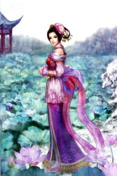 Rule 34 | 1girl, architecture, bare shoulders, black hair, blue eyes, building, chinese clothes, day, diao chan, east asian architecture, flower, from side, full body, hair flower, hair ornament, lips, lipstick, looking at viewer, looking back, lotus, makeup, outdoors, own hands together, realistic, shin sangoku musou, solo, standing, water