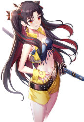 Rule 34 | 1girl, bare arms, bare shoulders, belt, belt buckle, black belt, black bow, black hair, black ribbon, blush, bow, breasts, buckle, collarbone, commentary request, cowboy shot, crop top, cropped legs, cropped vest, earrings, fate/grand order, fate (series), fingerless gloves, floating hair, gloves, grin, hair bow, hair ribbon, hand on own hip, highres, holding, holding sword, holding weapon, hoop earrings, ishtar (fate), jewelry, katana, long hair, looking at viewer, medium breasts, midriff, multicolored hair, navel, open clothes, open mouth, open vest, parted bangs, red eyes, red hair, ribbon, ririko (zhuoyandesailaer), sheath, sheathed, short shorts, shorts, sidelocks, simple background, small breasts, smile, solo, space ishtar (fate), space ishtar (second ascension) (fate), stomach, sword, thighs, two-tone hair, two side up, very long hair, vest, weapon, white background, yellow gloves, yellow shorts, yellow vest