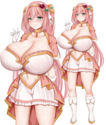 Rule 34 | 1girl, absurdres, blush, boots, breasts, character request, choker, chomikuplus, cleavage, clothing cutout, copyright request, dress, gloves, green eyes, highres, huge breasts, long hair, navel, navel cutout, pink hair, short dress, simple background, smile, solo, thighs, tiara, very long hair, waving, white background, white footwear, white gloves, zoom layer
