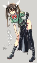 Rule 34 | 10s, 1girl, absurdres, black thighhighs, boots, brown eyes, brown hair, full body, gloves, hair ribbon, hand on own hip, highres, kantai collection, kawakami rokkaku, leaning forward, long hair, looking at viewer, pelvic curtain, ribbon, simple background, single glove, single thighhigh, smile, solo, thighhighs, tone (kancolle), tone kai ni (kancolle), translated, twintails, white thighhighs