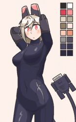 Rule 34 | 1girl, arms up, black bodysuit, blush, bodysuit, color guide, copyright request, covered navel, easel dragon, headset, highres, looking at viewer, red eyes, simple background, skin tight, solo, standing, white hair