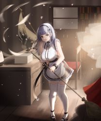 Rule 34 | 1girl, apron, azur lane, bare shoulders, black hairband, blush, breasts, broom, chair, cleavage cutout, clothing cutout, dido (azur lane), frills, hairband, highres, indoors, kuwahara taiki, large breasts, long hair, looking at viewer, maid, purple eyes, scenery, silver hair, sleeveless, solo, table, thighhighs, underboob, underboob cutout, waist apron, white apron, white thighhighs, wind, wind lift