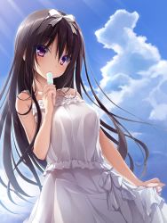 Rule 34 | 1girl, amatsutsumi, bare arms, bare shoulders, black hair, blue sky, blush, bow, breasts, chaamii, cloud, commentary request, cowboy shot, day, dress, eating, food, frilled dress, frills, hair bow, highres, holding, holding food, long hair, medium breasts, oribe kokoro, outdoors, popsicle, purple eyes, skirt hold, sky, sleeveless, solo, sundress, sweat, very long hair, white bow, white dress