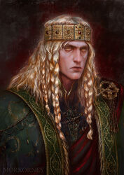 Rule 34 | 1boy, black shirt, blonde hair, braid, brooch, crown, elden ring, embroidery, godrick the grafted, gold trim, green robe, high collar, highres, jewelry, long hair, looking at viewer, morkorney, multiple braids, ornate clothes, pin, red sash, robe, sash, scowl, shirt, yellow eyes