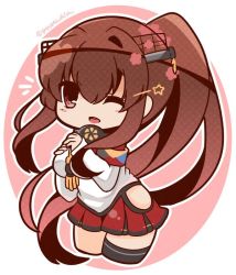 Rule 34 | 10s, 1girl, bloom2425, breasts, brown hair, cherry blossoms, chibi, commentary request, detached sleeves, flower, hair flower, hair ornament, headgear, hip vent, kantai collection, long hair, looking at viewer, one eye closed, open mouth, ponytail, red eyes, single thighhigh, skirt, smile, solo, star (symbol), thighhighs, twitter username, very long hair, yamato (kancolle)