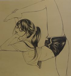 Rule 34 | 1girl, black hair, black shorts, gagaimo, glasses, highres, looking at viewer, navel, shorts, solo, split, standing, standing on one leg, standing split, stomach, stretching, tank top, traditional media