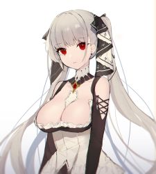 Rule 34 | 1girl, azur lane, between breasts, breasts, cleavage, earrings, expressionless, formidable (azur lane), hair ribbon, highres, jewelry, large breasts, long hair, looking at viewer, miebao, parted lips, red eyes, ribbon, silver hair, simple background, solo, twintails, very long hair