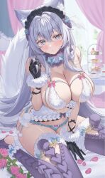 Rule 34 | 1girl, animal ear fluff, animal ears, bare shoulders, black gloves, blue bow, blue eyes, blue panties, blush, bow, bow panties, breasts, cleavage, closed mouth, commentary request, flower, food, fur trim, gloves, grey hair, hair ornament, hand up, heel-less legwear, highres, large breasts, long hair, looking at viewer, original, panties, petals, pink bow, purple thighhighs, revision, sg (satoumogumogu), sideboob, sitting, solo, tail, thighhighs, underwear, wariza