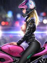 Rule 34 | 1girl, alternate hair color, blonde hair, blouse, breasts, closed eyes, d.va (overwatch), facial mark, from side, helmet, liang xing, long hair, medium breasts, motor vehicle, motorcycle, motorcycle helmet, nipples, no bra, open clothes, open shirt, overwatch, overwatch 1, rain, shirt, sitting, solo, whisker markings