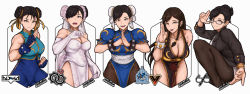 Rule 34 | 1girl, bracelet, breasts, bridal gauntlets, bridal veil, bun cover, capcom, chinese clothes, chun-li, cleavage, double bun, dress, elbow gloves, fighting stance, fingerless gloves, glasses, gloves, hair bun, hair ribbon, heart, hershuar, highres, jewelry, large breasts, leg up, looking at viewer, multiple persona, office lady, official alternate costume, own hands together, pantyhose, ribbon, semi-rimless eyewear, smile, spiked bracelet, spikes, street fighter, street fighter v, thighs, upper body, veil, wedding dress, white dress